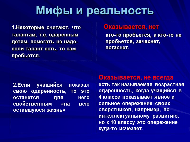 Мифы и реальность 1.Некоторые считают, что талантам, т.е. одаренным детям, помогать не надо- если